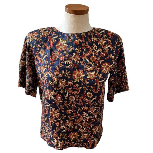 Vintage 80s Anne Klein Silk print short sleeve top Navy Blue 4 - Picture 1 of 6